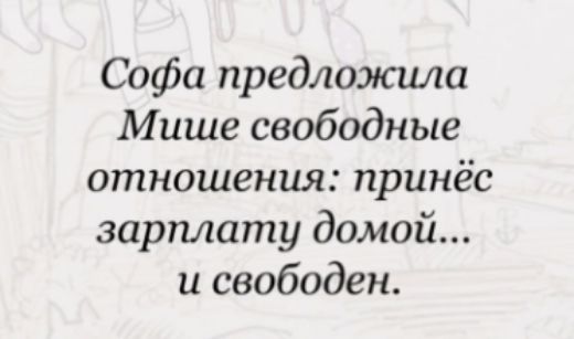 Софа предложила Мише свободные отношения принёс зарплату домой и свободен