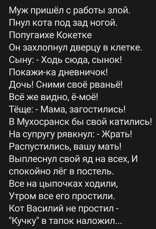 Муж пришёл с работы злой Пнуп кота под зад ногой Попугаихе Кокетке Он захлопнул дверцу в клетке Сыну Ходь сюда сынок Покажика дневничок Дочь Сними своё рваньё Всё же видно ё моё Тёще Мама загостились В Мухосранск бы свой катились На супругу рявкнул Жрать Распустились вашу мать Выплеснул свой яд на всех И спокойно лёг в постель Все на цыпочках ходили Утром все его простили Кот Василий не простил Ку