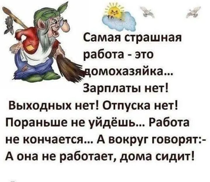 Самая страшная работа это омохазяйка Зарплаты нет Выходных нет Отпуска нет Пораньше не уйдёшь Работа не кончается А вокруг говорят А она не работает дома сидит
