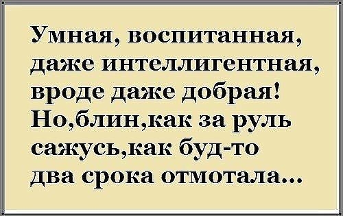 Умная воспитанная даже интеллигентная вроде даже добрая Ноблинкак за руль сажуськак буд то два срока отмотала