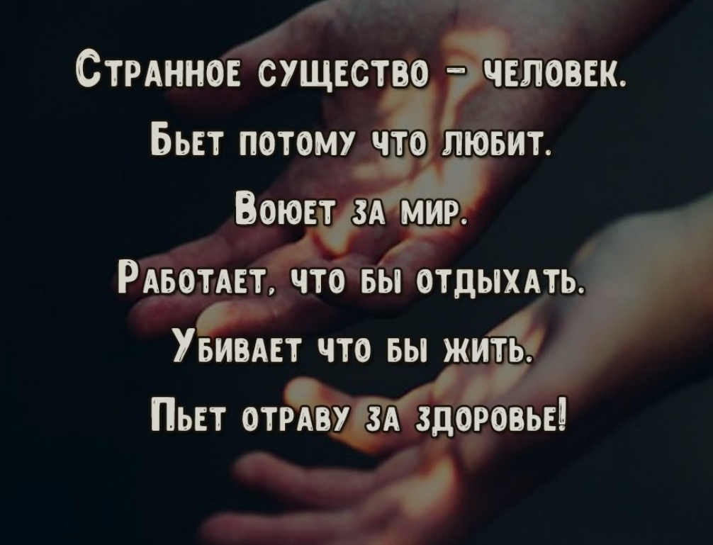 СТРАННОЕ СУЩЕСТВО ЧЕЛОВЕК БЬЕТ ПОТОМУ 0 ЛЮБИТ Воювт зд мир РАБОТАЕТ ЧТО БЫ ОТДЫХАТЬ Ё УБИВАЕТ ЧТО БЫ ЖИЁ Пьвт отгавтд здоровье