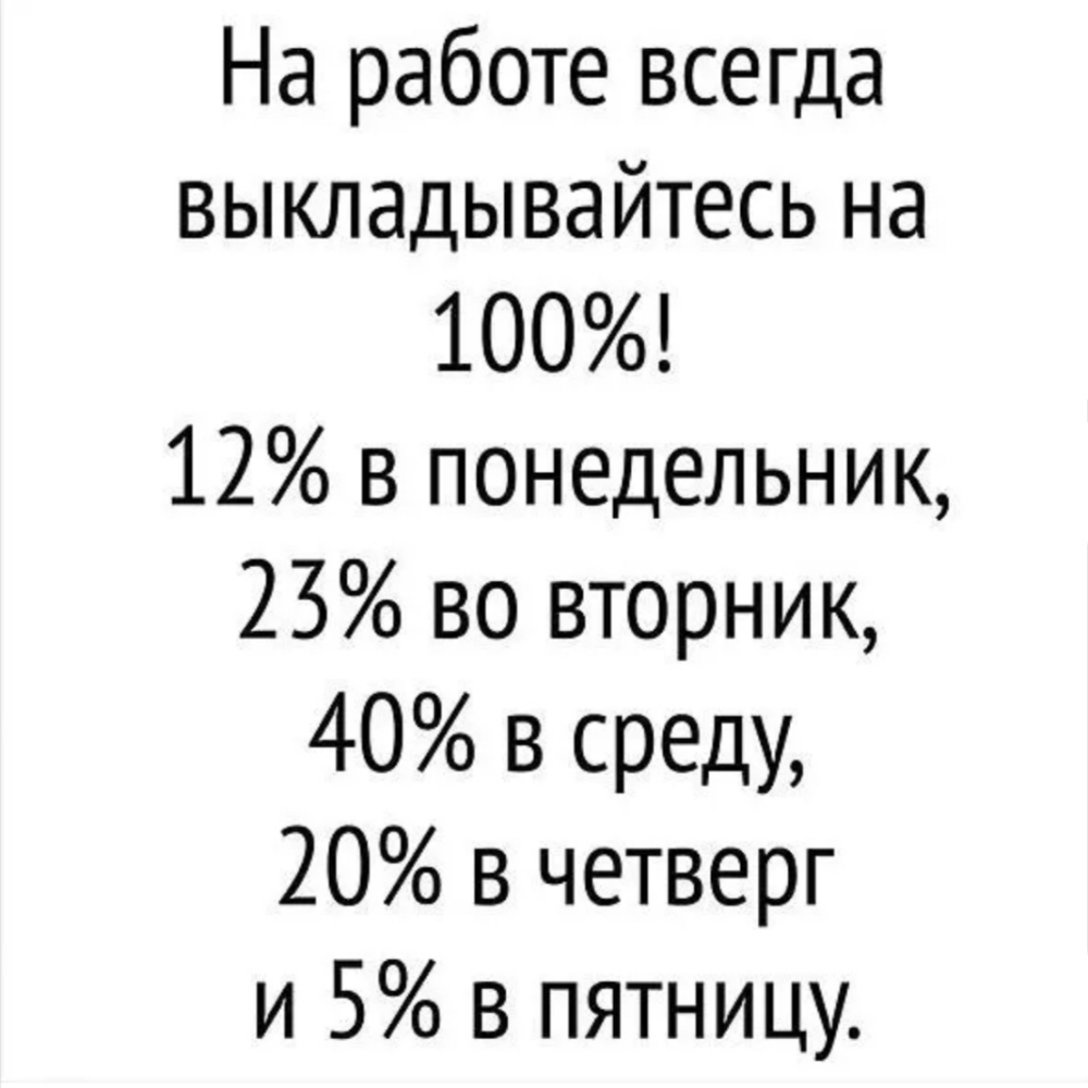 На работе всегда выкладывайтесь на 100 12 в понедельник 23 во вторник 40 в среду 20 в четверг и 5 в пятницу