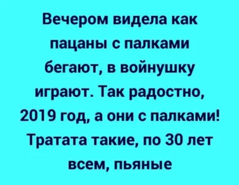 Вечером видела как пацаны с палками бегают в войнушку играют Так радостно 2019 год а они с палками Тратата такие по 30 лет всем пьяные