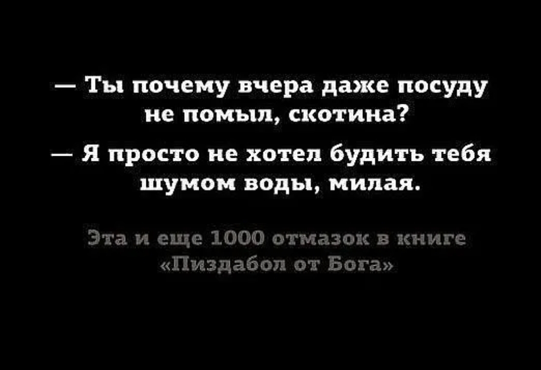 Ты почему вчера даже посуду не помыл скотина Я просто не хотел будить тебя шумом воды милая