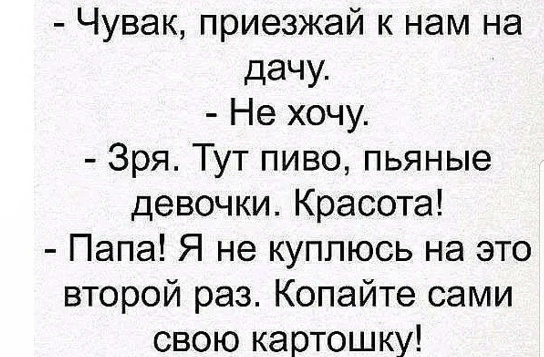 Чувак приезжай к нам на дачу Не хочу Зря Тут пиво пьяные девочки Красота Папа Я не куппюсь на это второй раз Копайте сами свою картошку