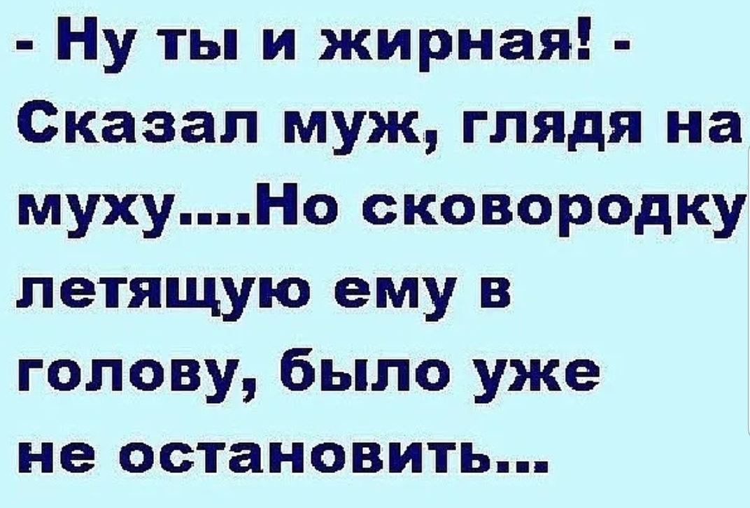 Говорящий толстый. Ну ты и жирная сказал муж глядя на муху. Анекдот ну ты и жирная сказал муж глядя на муху. Муж говорит что толстая. Но сковородку уже было не Остановить.