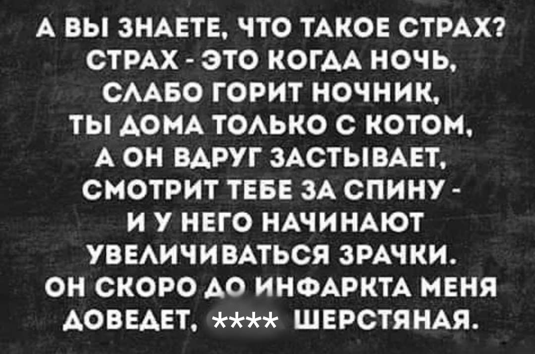 А ВЫ ЗНАЕТЕ ЧТО ТАКОЕ СТРАХ СТРАХ ЭТО КОГАА НОЧЬ СААБО ГОРИТ НОЧНИК ТЫ АОМА ТОАЬКО С КОТОМ А ОН ВАРУГ ЗАСТЫВАЕТ ОМОТРИТ ТЕБЕ ЗА СПИНУ И У НЕГО НАЧИНАЮТ УВЕАИЧИВАТЬСЯ ЗРАЧКИ ОН СКОРО АО ИНФАРКТА МЕНЯ АОВЕАЕТ ШЕРСТЯНАЯ