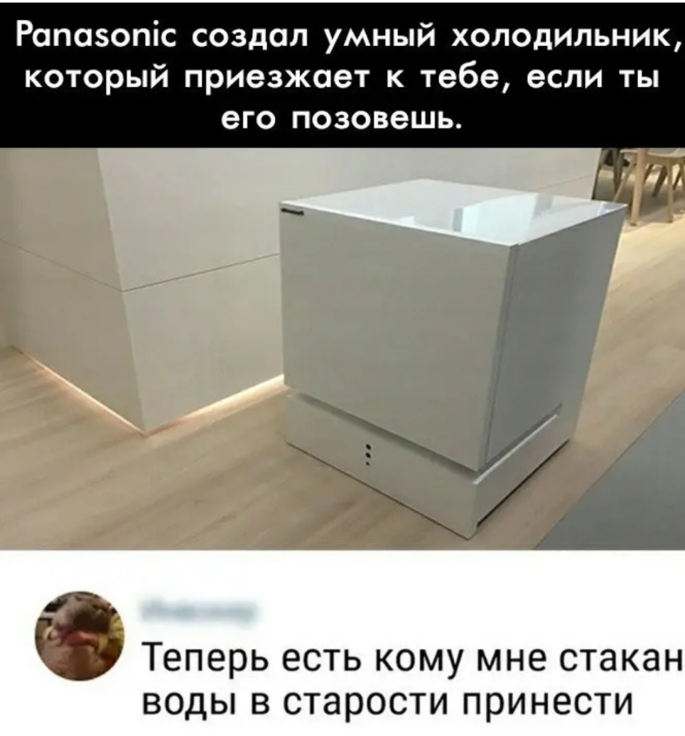 Рапазопіс создал умный холодильник который приезжает к тебе если ты ЕГО ПОЗОВЭШЬ Теперь есть кому мне стакан ВОДЫ В старости принести