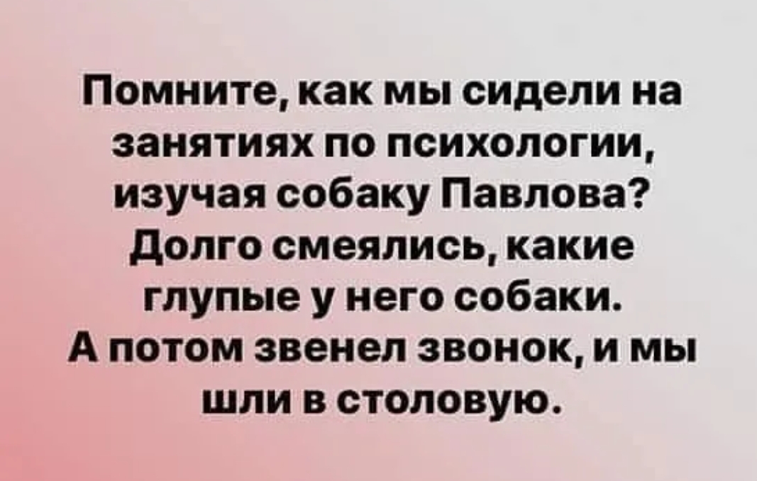 Помните как мы сидели на занятиях по психологии изучая собаку Павлова долго смеялись какие глупые у него собаки А потом звенел звонок и мы шли в столовую