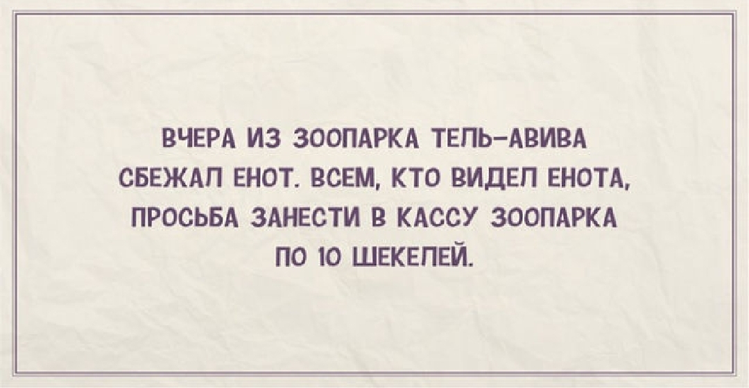 ВЕРА ИЗ ЗООПАРКА ТЕГЬАВИВА СБЕЖАП БЮТ ВСЕМ КТО ВИДЕЛ ЕНОТА ПРОСЬБА ЗАРЕСТИ В КАССУ ЗООПАРКА О Ю ШЕКЕПЕЙ
