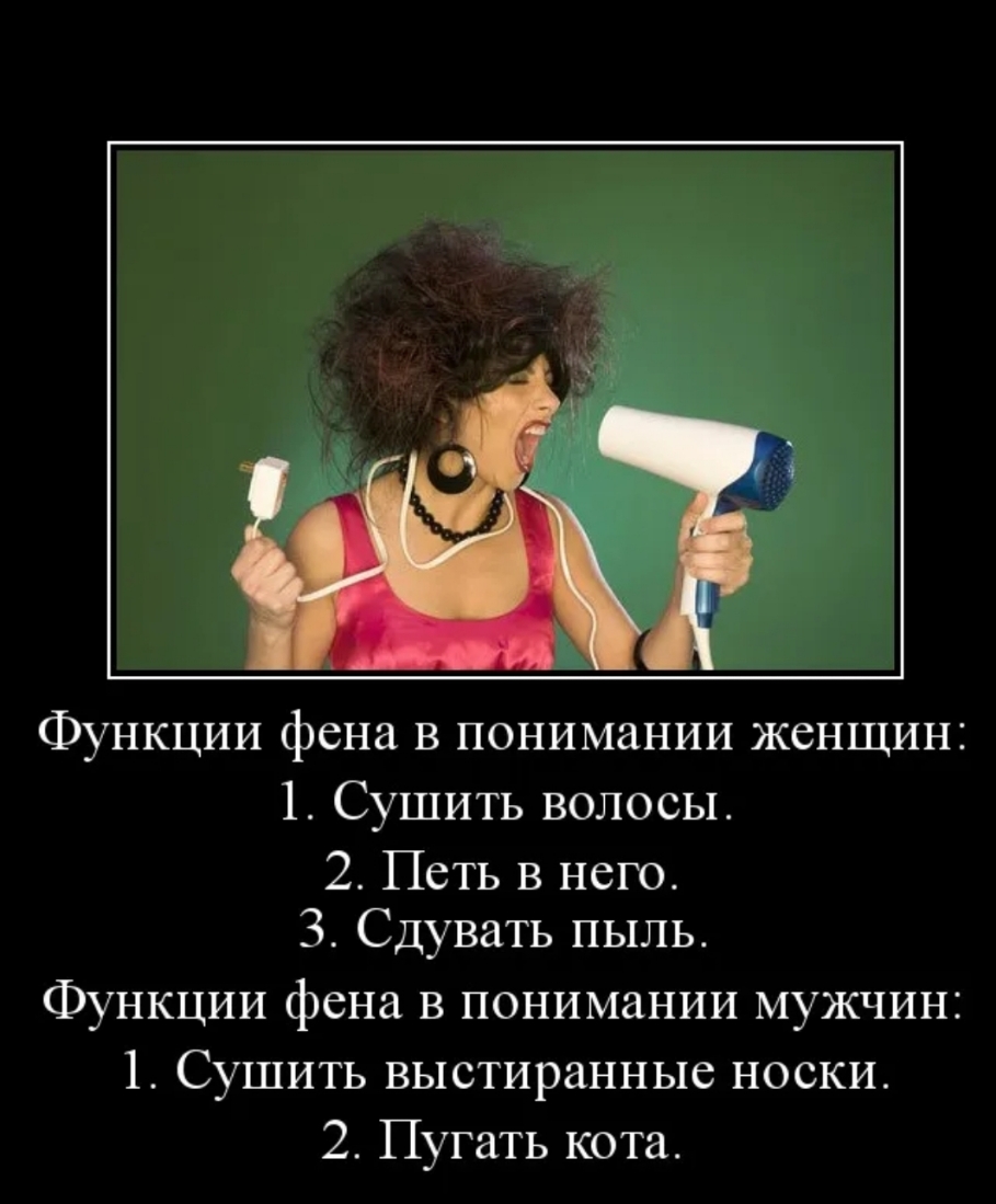 Функции фена в понимании женщин 1 Сушить волосы 2 Петь в нет 3 Сдувать пыль Функции фена в понимании мужчин 1 Сушить выстиранные носки 2 Пугать кота