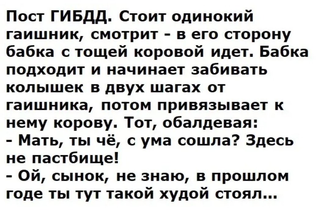 Пост ГИБДД Стоит одинокий гаишник смотрит в его сторону бабка с тощей коровой идет Бабка подходит и начинает забивать колышек в двух шагах от гаишника потом привязывает к нему корову Тот обалдевая Мать ты чё с ума сошла Здесь не пастбище Ой сынок не знаю в прошлом годе ты тут такой худой стоял