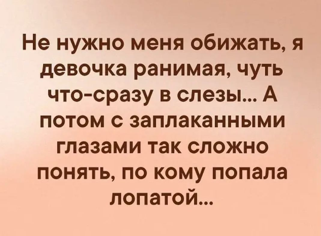 Не нужно меня обижать я девочка ранимая чуть что сразу в слезы А потом с заплаканными глазами так сложно понять по кому попала лопатой