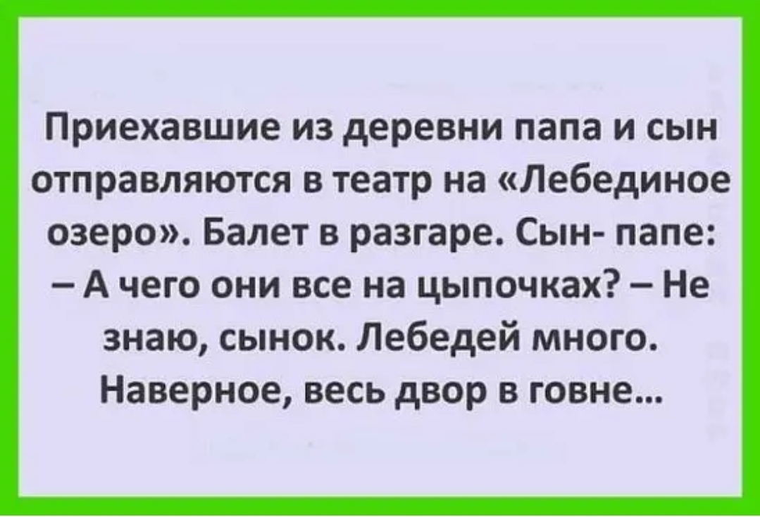 Приехавшие из деревни папа и сын отправляются в театр на Лебединое озеро Балет в разгаре Сын папе А чего они все на цыпочках Не знаю сынок Лебедей много Наверное весь двор в говне