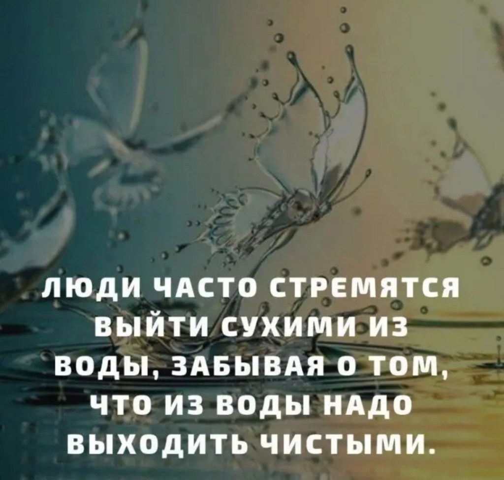 ЛЮДИ ЧАСТО СТРЕМЯТСЯ ВЫЙТИ СУХИМИ ИЗ ВОДЫ ЗАБЫВАЯ О ТОМ ЧТО ИЗ ВОДЫ НАДО ВЫХОДИТЬ ЧИСТЫМИ