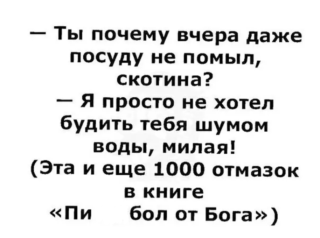 Ты почему вчера даже посуду не помыл скотина Я просто не хотел будить тебя шумом воды милая Эта и еще 1000 отмазок в книге Пи бол от Бога