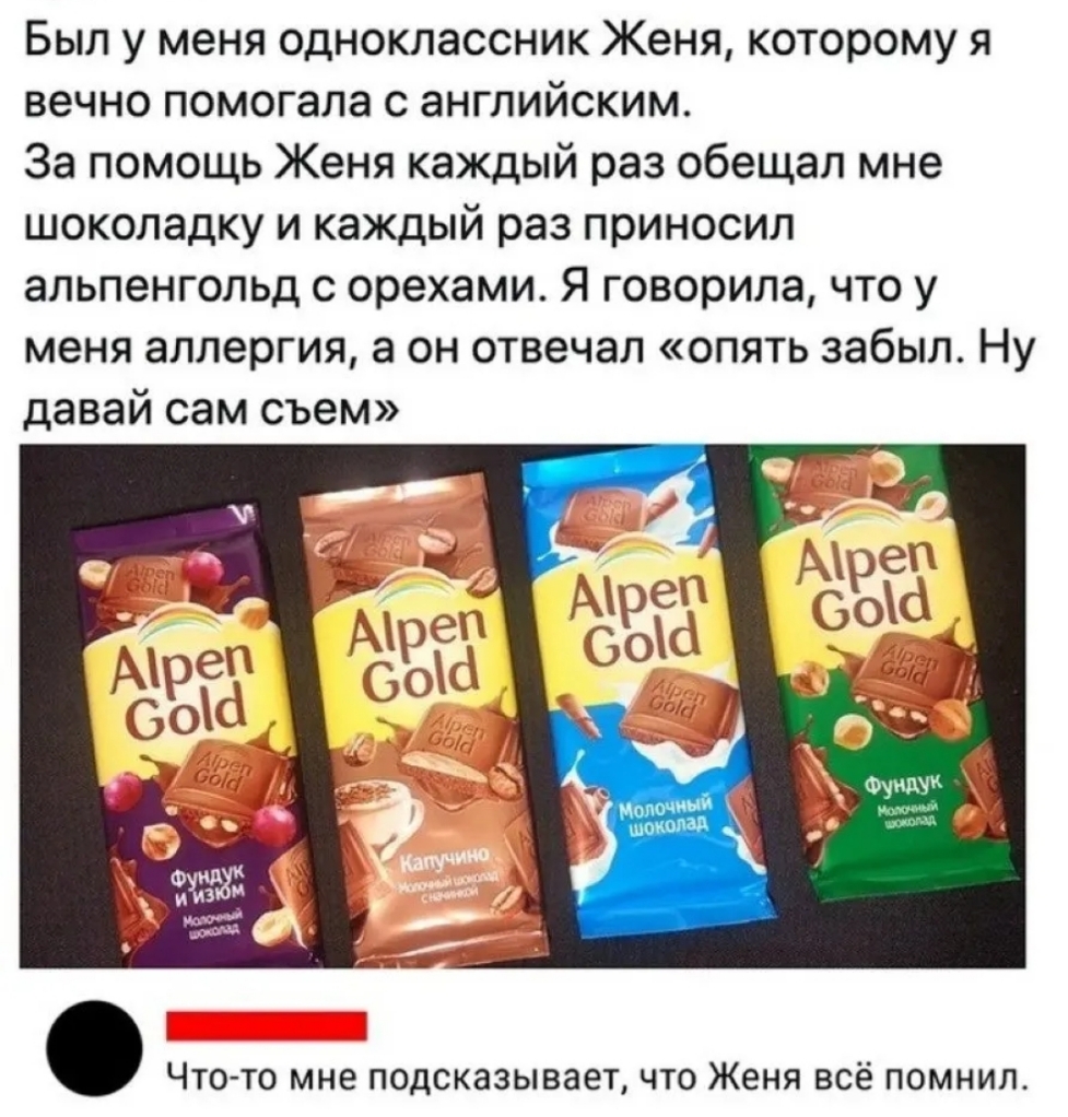 Был у меня одноклассник Женя которому я вечно помогала с английским За помощь Женя каждый раз обещал мне шоколадку и каждый раз приносил альпенгольд с орехами Я говорила что у меня аллергия а он отвечал опять забыл Ну давай сам съем Что то мне подсказывает что Женя всё помнил