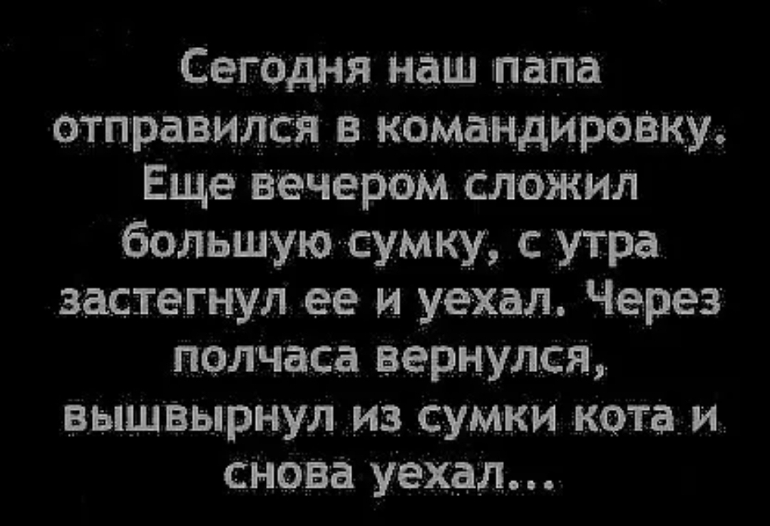 Сегодня наш пап а отправился в командирощу Еще вечерам сложил большую сумку сутра застеэгнул ее и уехал Через полчаса вернулся вышвырнул из сумки кот а и снова Уехал