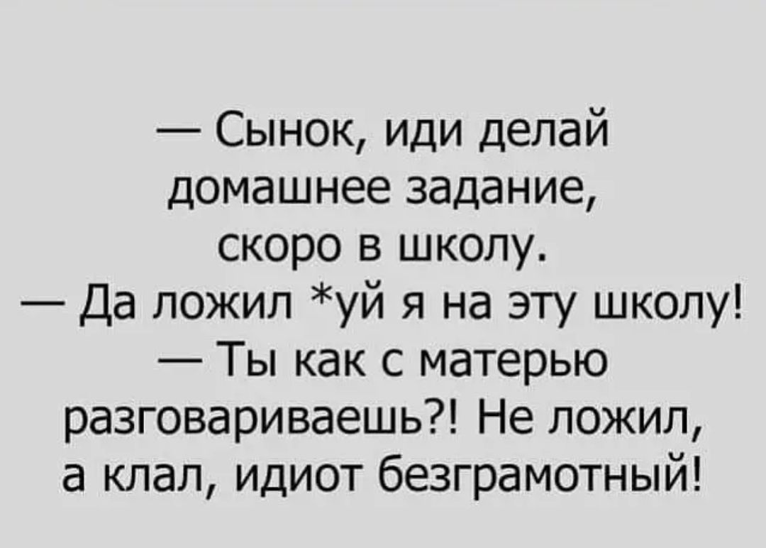 Сынок иди делай домашнее задание скоро в школу Да пожил уй я на эту школу Ты как с матерью разговариваешь Не пожил а клал идиот безграмотный