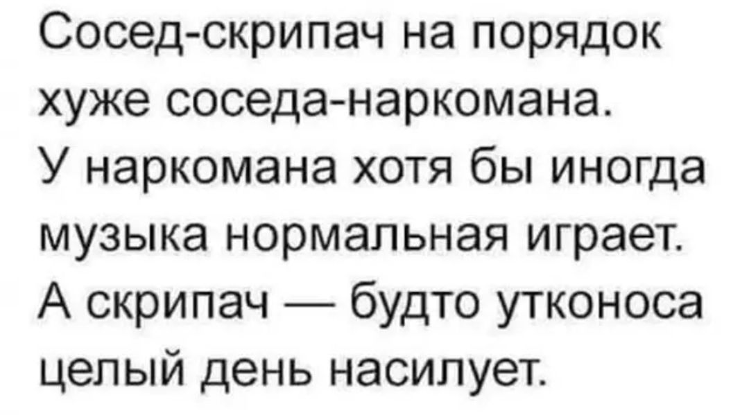 Сосед скрипач на порядок хуже соседанаркомана У наркомана хотя бы иногда музыка нормальная играет А скрипач будто утконоса целый день насилует