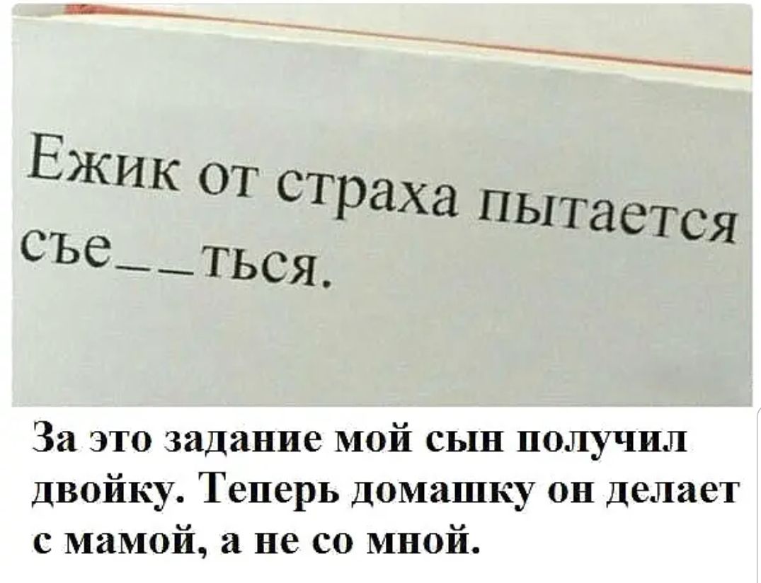 Ежик ОТ страха пыт дется СЪе_ТЬСЯ За это задание мой сын получил Двойку Теперь Домашку он делает с мамой а не со мной