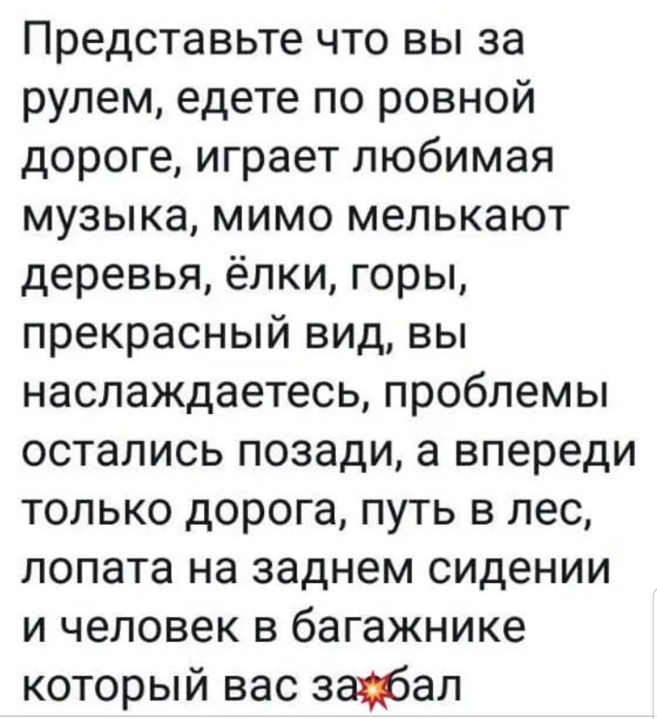 Представьте что вы за рулем едете по ровной дороге играет любимая музыка мимо мелькают деревья ёлки горы прекрасный вид вы наслаждаетесь проблемы остались позади а впереди только дорога путь в лес лопата на заднем сидении и человек в багажнике который вас зафал