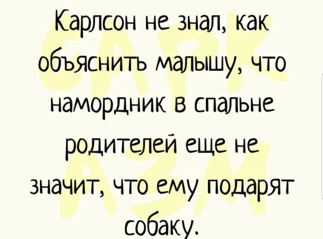 Карлсон не знал как объяснить Малышу что намордник в спальне родителей еще не значит что ему подарят собаку