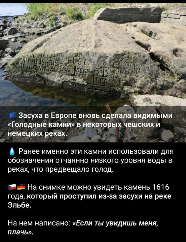 Засуха в Европе вновь Гоп е каши ща рот Ранее именно эти камни использовали для обозначения отчаянно низкого уровня воды в реках что предвещало голод _ На снимке можно увидеть камень 1616 года который преступил из за засухи на реке Эльбе На нем написано Если ты увидишь меня плачь