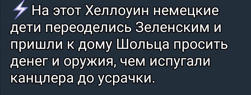 На этот Хеппоуин немецкие дети переоделись Зеленским и пришли к дому Шопьца просить денег И оружия чем ИСПУГЭЛИ канцлера до усрачки