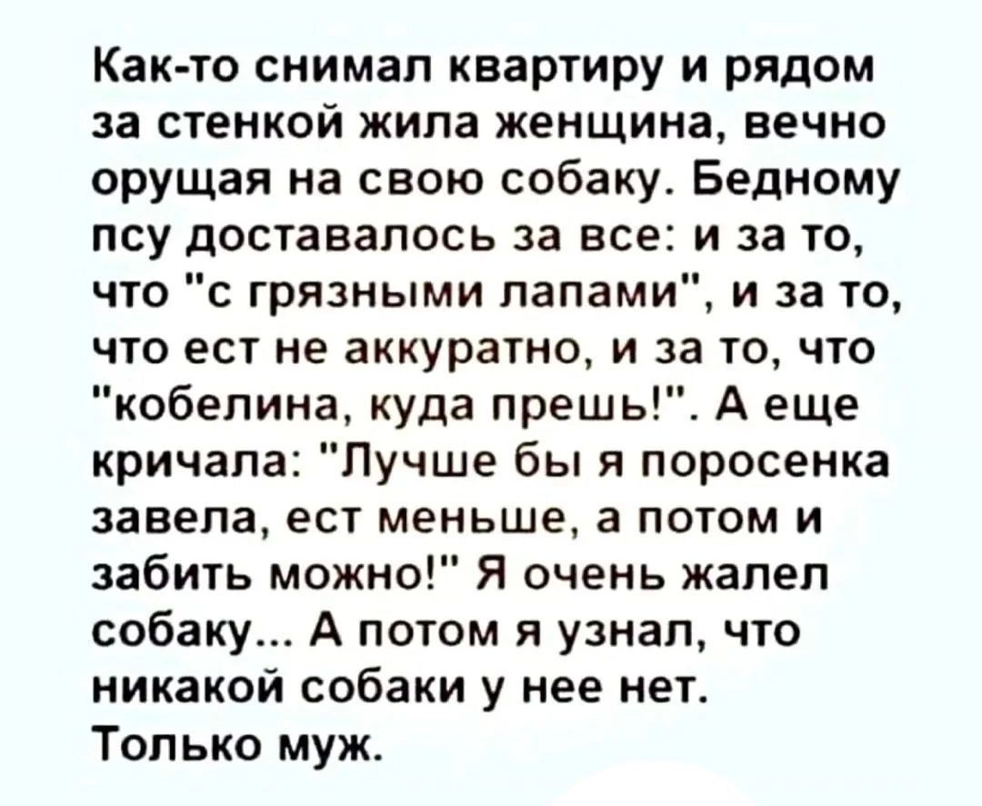 Както снимал квартиру и рядом за стенкой жила женщина вечно орущая на свою собаку Бедному псу доставалось за все и за то что с грязными лапами и за то что вы не аккуратно и за то что кобепина куда прешь А еще кричала Лучше бы я поросенка завела ест меньше а потом и забить можно Я очень жапеп собаку А потом я узнал что никакой собаки у нее нет Только муж