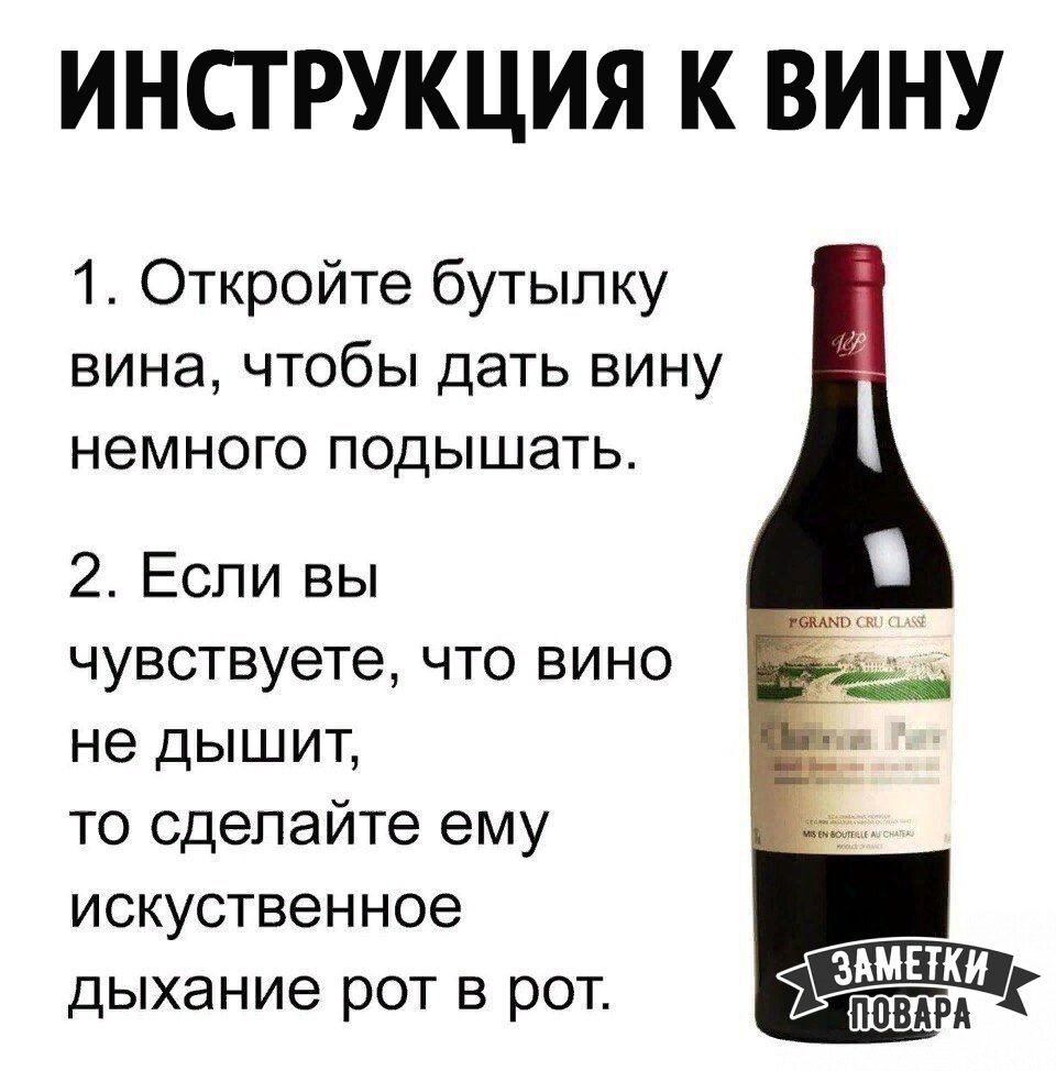 ИНСТРУКЦИЯ К ВИНУ 1 Откройте бутылку вина чтобы дать вину немного подышать 2 Если вы чувствуете что вино не дышит то сделайте ему искуственное дыхание рот в рот