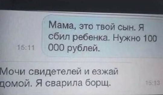 Мама это твой сын Я сбил ребенка Нужно 100 000 рублей Мочи Свидетелем и еёаг помой Я озарила борщ