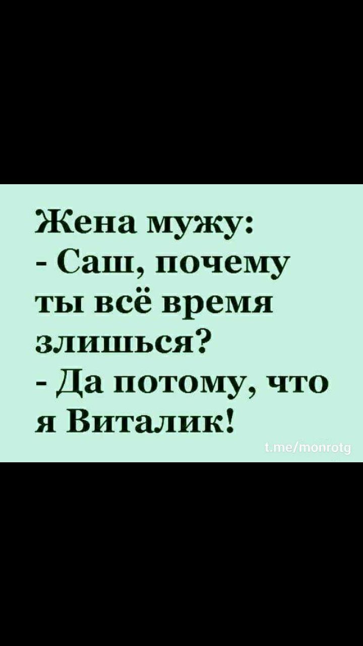 Жена мужу Саш почему ты всё время злишься Да потому что я Виталик