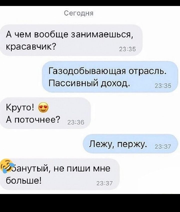 Сегодни А чем вообще занимаешься красавчик Газодобывающая отрасль Пассивный доход Круто А поточнее Лежу пержу Ёбанутый не пиши мне больше