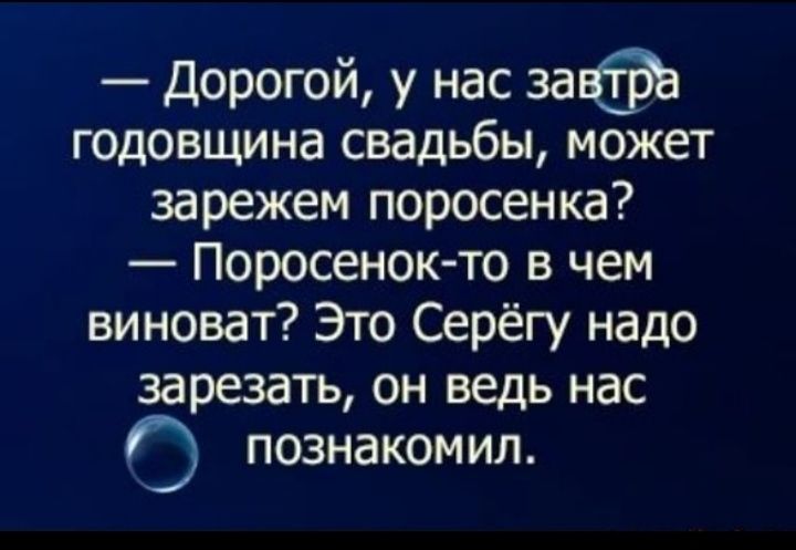 Дорогой у нас завЁЬ годовщина свадьбы может зарежем поросенка Поросенок то в чем виноват Это Серёгу надо зарезать он ведь нас О познакомил