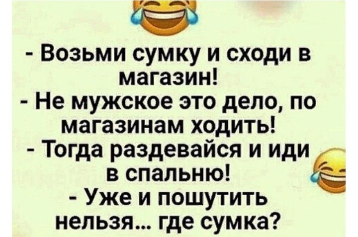 Возьми сумку и сходи в магазин Не мужское это дело по магазинам ходить Тогда раздевайся и иди в спальню Уже и пошутить нельзя где сумка