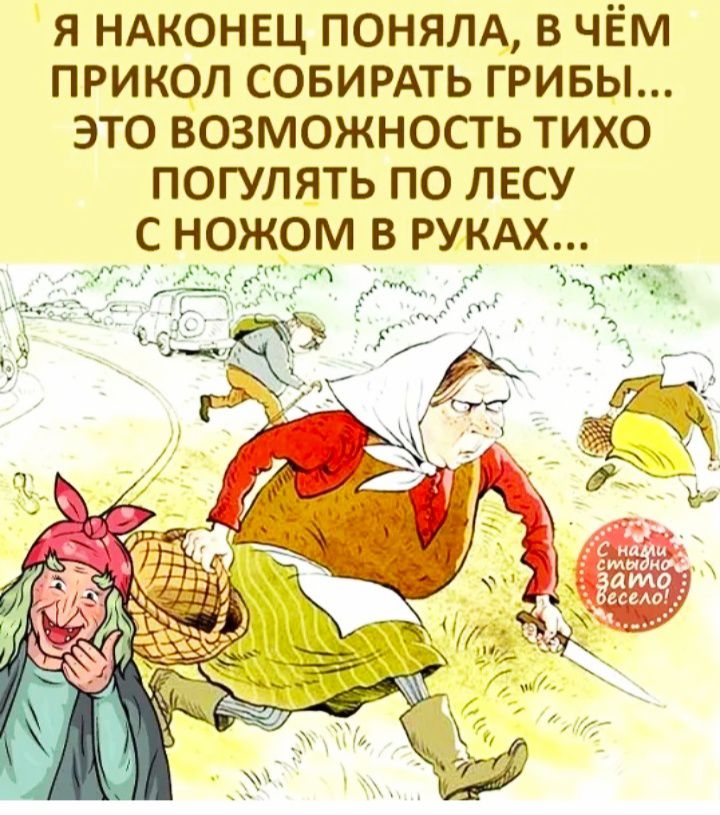 Я НАКОНЕЦ ПОНЯЛА В ЧЁМ ПРИКОЛ СОБИРАТЬ ГРИБЫ ЭТО ВОЗМОЖНОСТЬ ТИХО ПОГУЛЯТЬ ПО ЛЕСУ С НОЖОМ В РУКАХ м м к _ _г