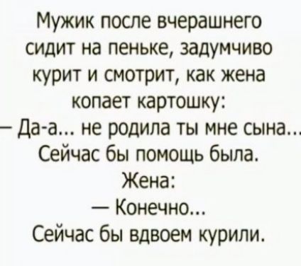 Мужик после вчерашнего сидит на пеньке задумчиво курит и смотрит как жена копает картошку Да а не родила ты мне сына Сейчас бы помощь была Жена Конечно Сейчас бы вдвоем курили