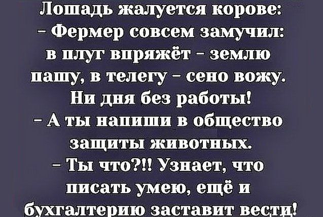Лошадь жалуется корове Фермер совсем замучил в плуг впряжёт землю иашу в телегу сено вожу Ни дня без работы А ты напиши в общество ЗЗЩПТЬП ЖИВОТПЬТХ Ты что Узнает что писать умею ещё и бухгалтерию заставит вести