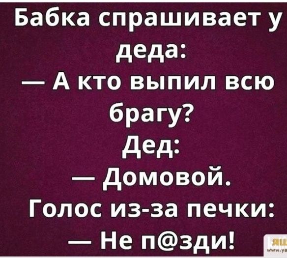 Бабка спрашивает у деда А кто выпил всю брагу дед домовой Голос из за печки Не пзди