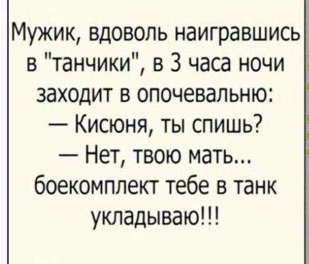 Мужик вдоволь наигравшись в танчики в 3 часа ночи заходит в опочевальню Кисюня ты спишь Нет твою мать боекомплект тебе в танк укладываю