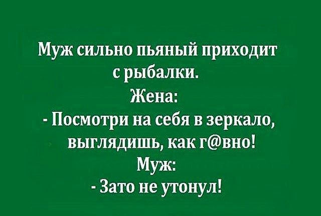 Муж сильно пьяный приходит с рыбалки Жена Посмотри на себя в зеркало выглядишь как гвно Муж Зато не утонул