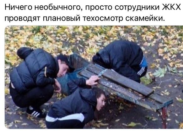 Ничего необычного просто сотрудники ЖКХ проводят плановый техосмотр скамейки