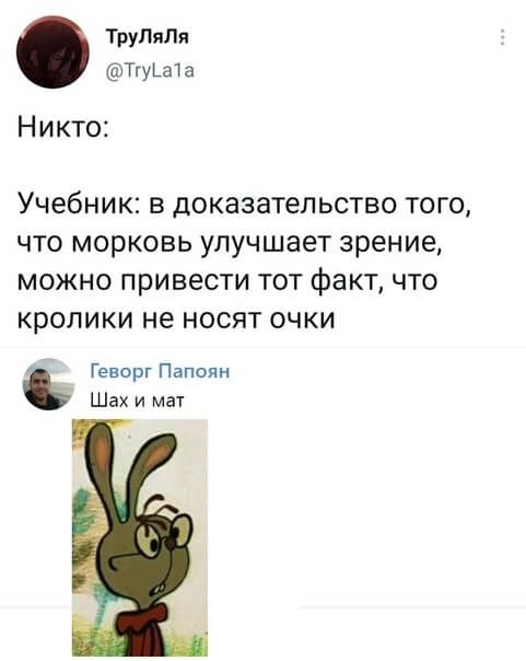 ТвуПяЛя дтпуша Никто Учебник В доказательство ТОГО ЧТО морковь улучшает зрение МОЖНО привести ТОТ факт ЧТО КРОЛИКИ не НОСЯТ ОЧКИ Геворг Папопн Шах и мы