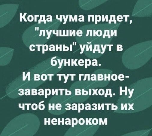 Когда чума придет лучшие люди страны уйдут в бункера И вот тут главное заварить выход Ну чтоб не заразить их ненароком