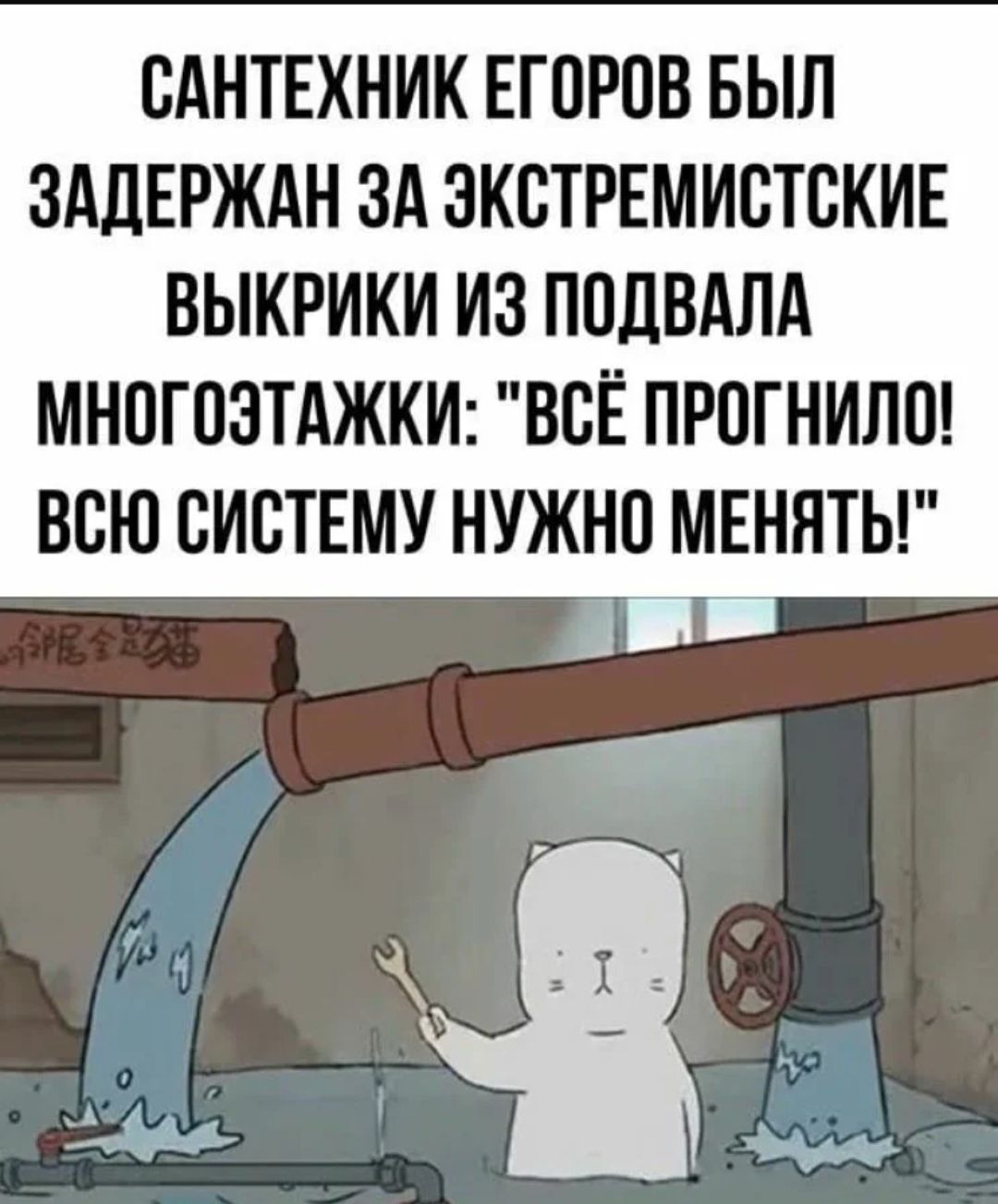 САНТЕХНИК ЕГСРОВ БЫЛ ЗАДЕРЖАН ЗА ЭКСТРЕМИСТСКИЕ ВЫКРИКИ ИЗ ППдВАЛА МНПГСЗТАЖКИ ВСЁ ПРСГНИЛШ ВСЮ СИСТЕМУ НУЖНП МЕНЯТЬ