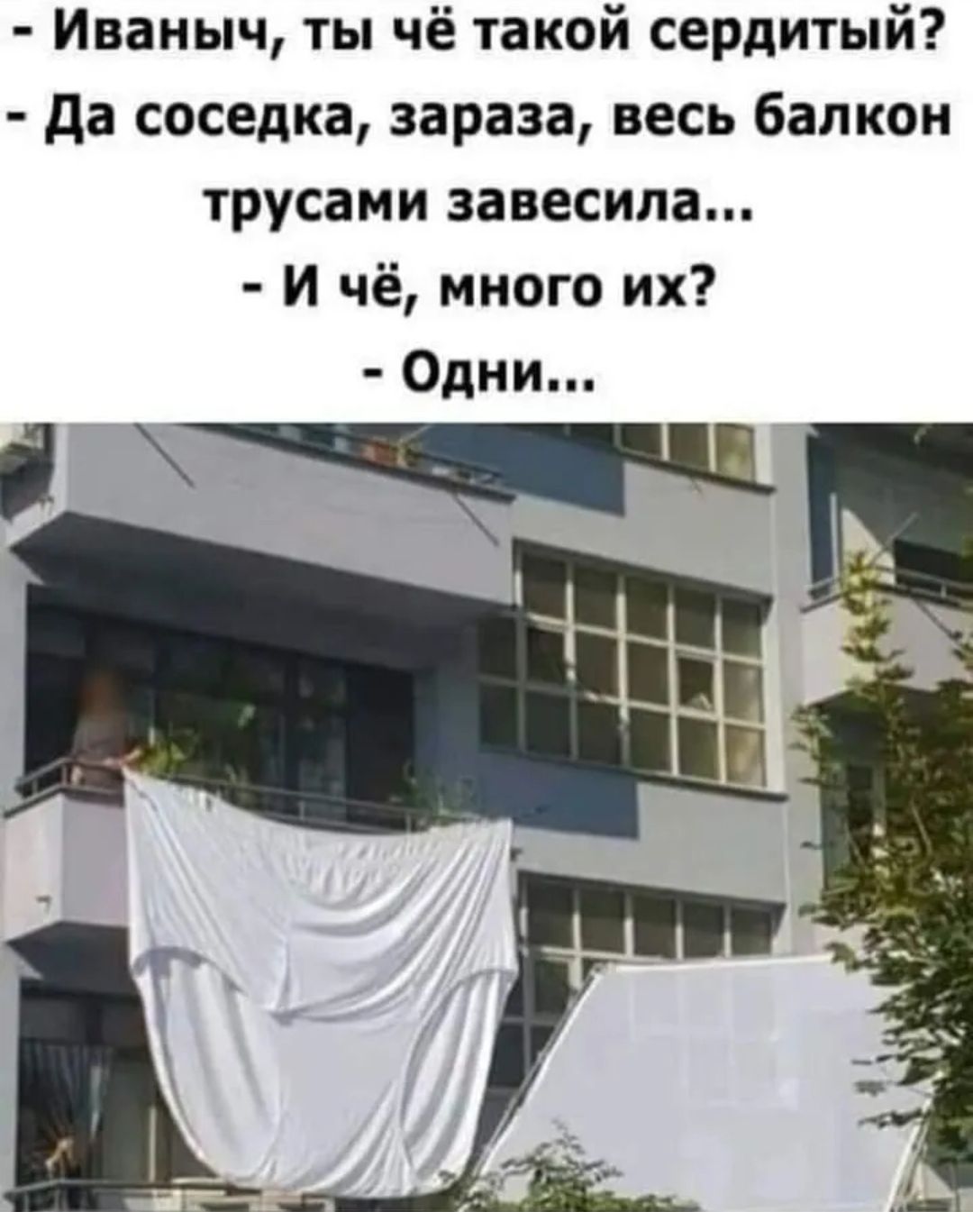 Иваныч ты чё такой сердитый да соседка зараза весь балкон трусами эавесила И чё много их