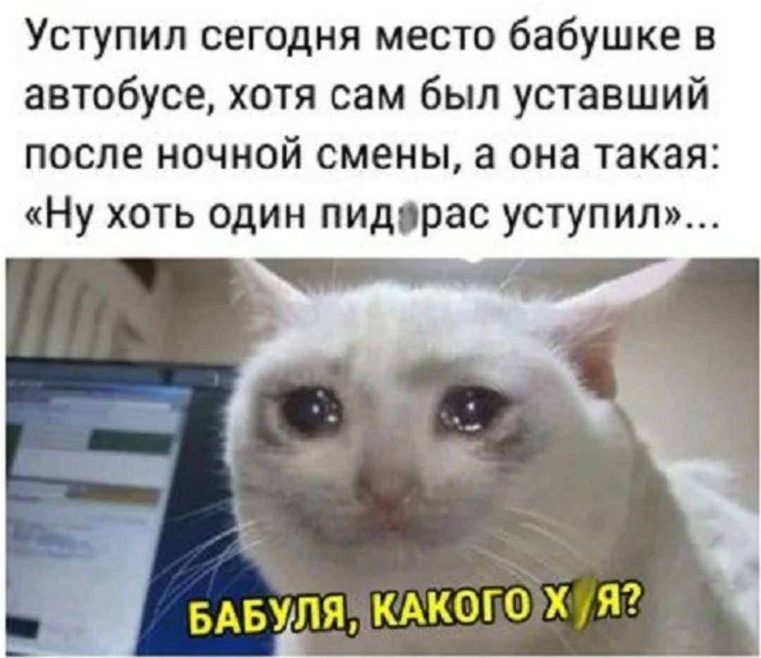 Уступил сегодня место бабушке в автобусе хотя сам был уставший после ночной смены а она такая Ну хоть один пид рас уступил