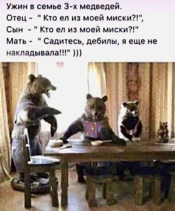 Ужин в семье 3 х медведей Отец Кто ел из моей миски Сын Кто вл из моей миски Мать Садитесь дебилы я еще не накладывапа
