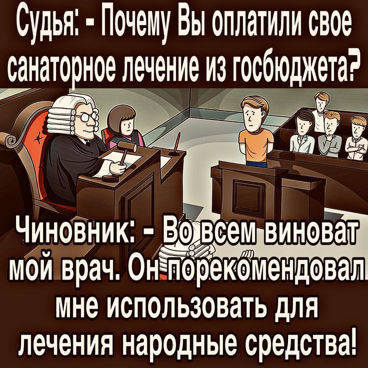 Судья Почему Вы оплатили свое санато ное лечение из госбюджета ЧиноВник Ве всем виноват май врач Он переквмендввал мне использовать для лечения народные средства